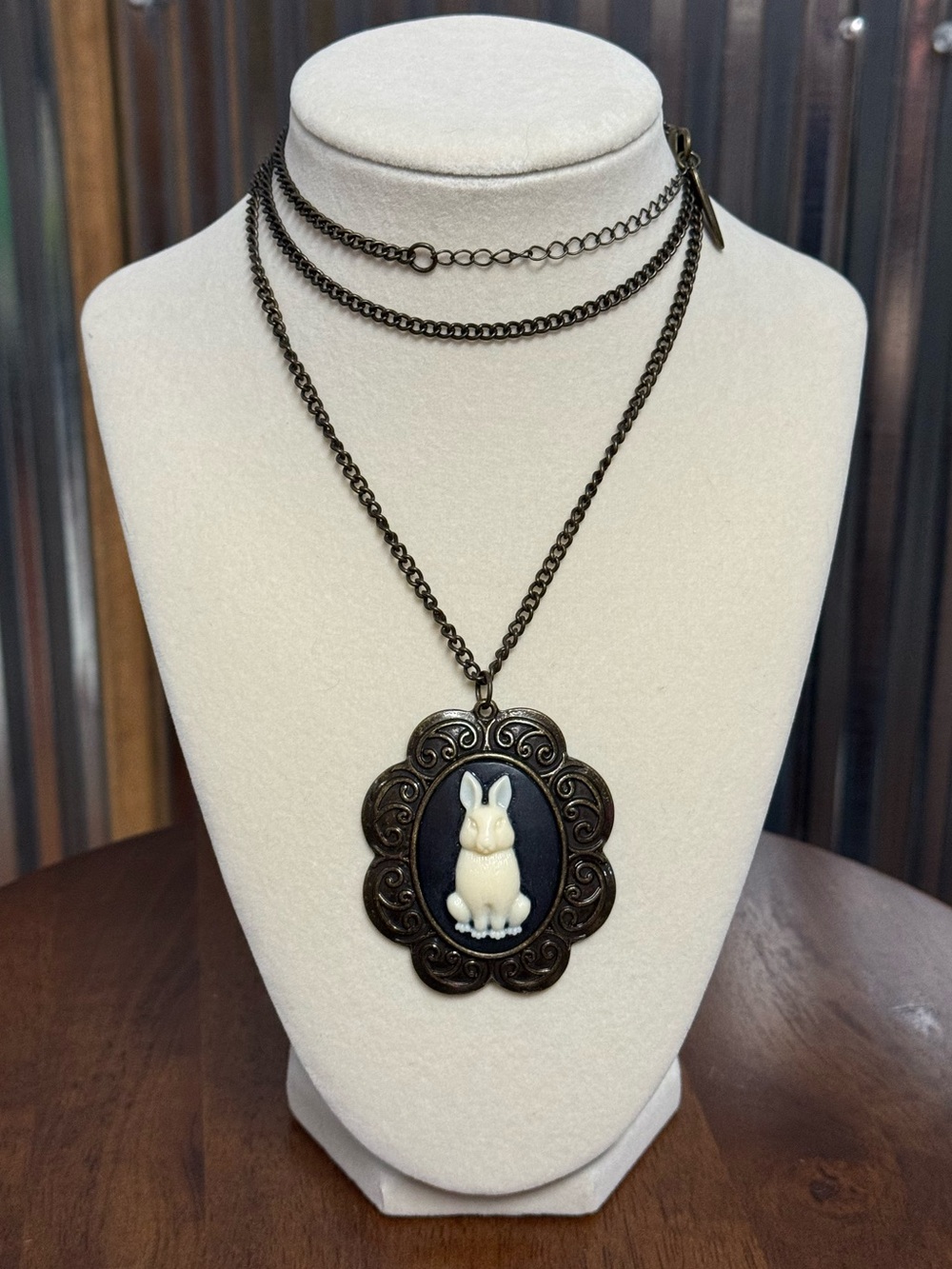 Antique Looking Bronze Plunder Bunny Rabbit Cameo Pendant Necklace